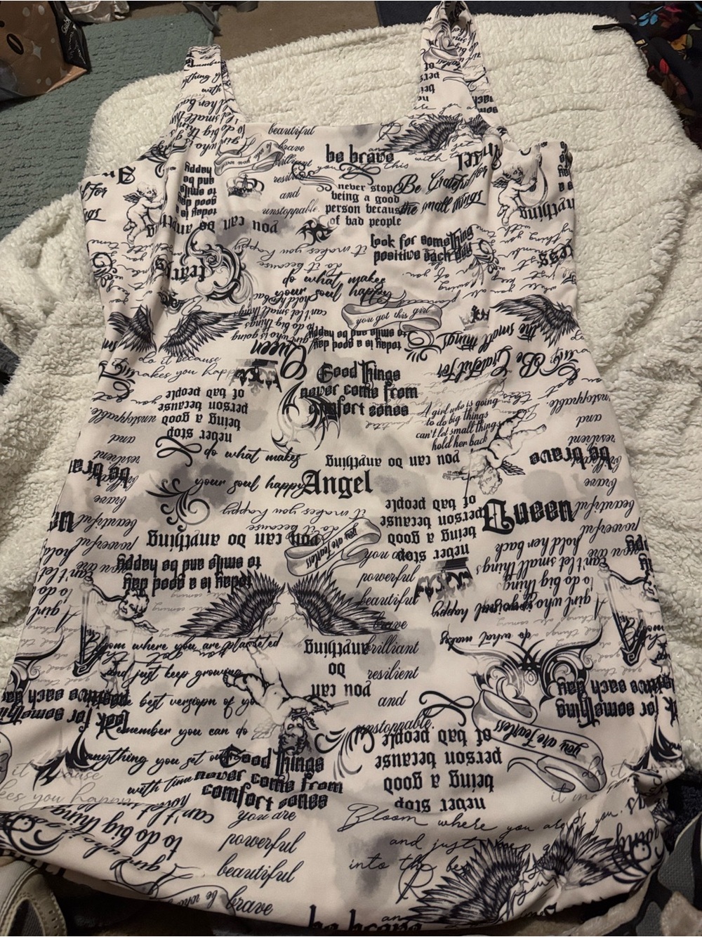 Women’s White Script-Print Midi Dress with Black Print